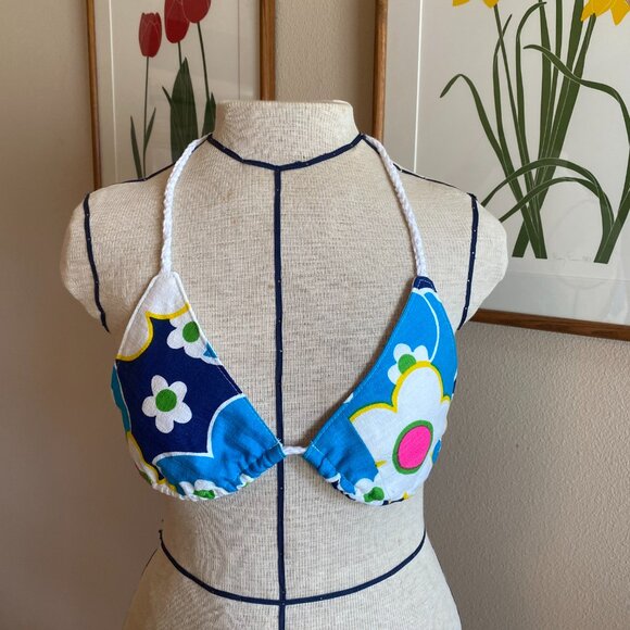 Handmade fabric & crochet bikini top adjustable festival top - Picture 1 of 7